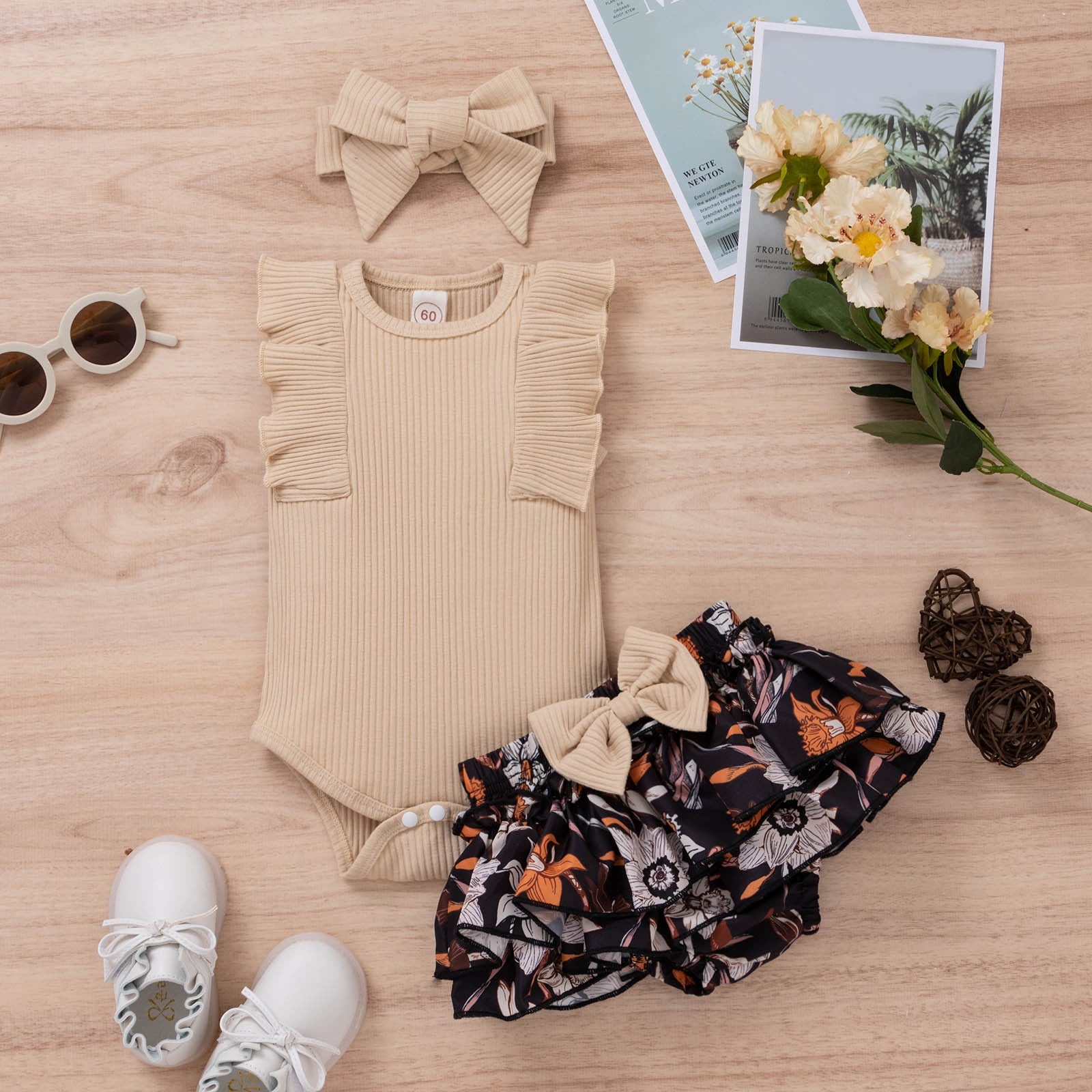 Newborn Girls 3-Piece Summer Outfit - Sleeveless Ribbed Romper, Floral Print Shorts, and Headband Set