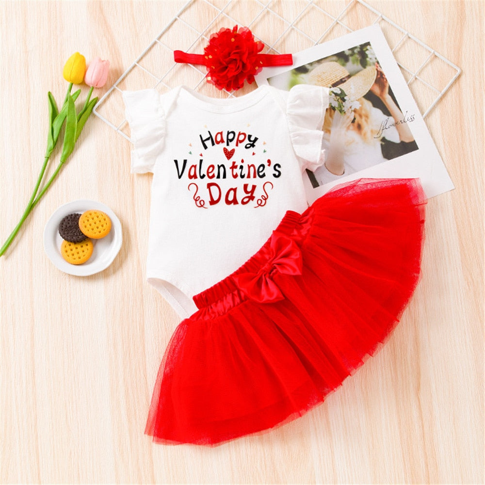 Adorable 3pcs Girls Valentine's Day Costume - Flying Sleeve Bodysuit+Mesh Skirt Party Baby Clothes Set