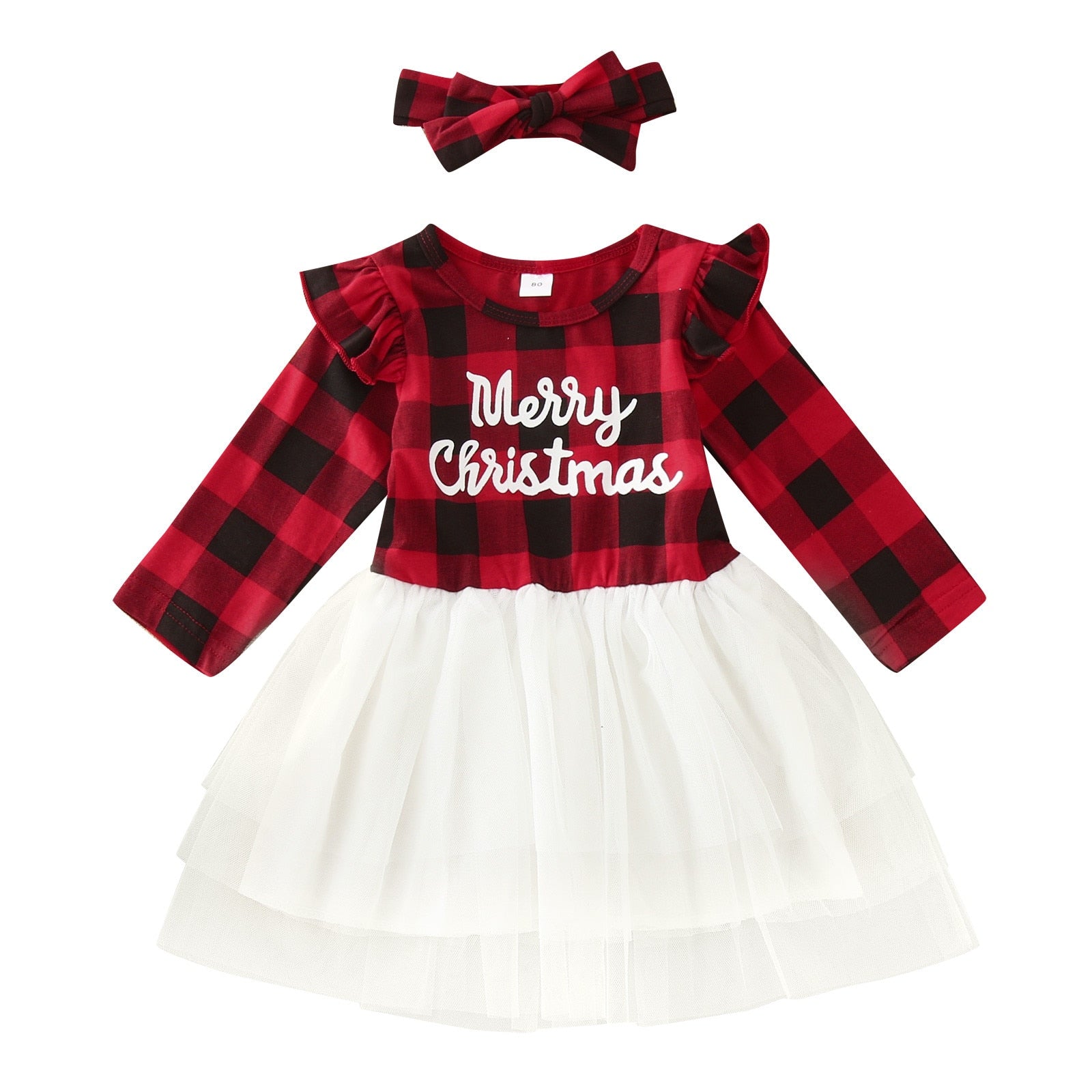 Kids Baby Girl Mesh Tutu Dress - Long Sleeve Red and Black Plaid Dress for Christmas Party and Spring/Fall