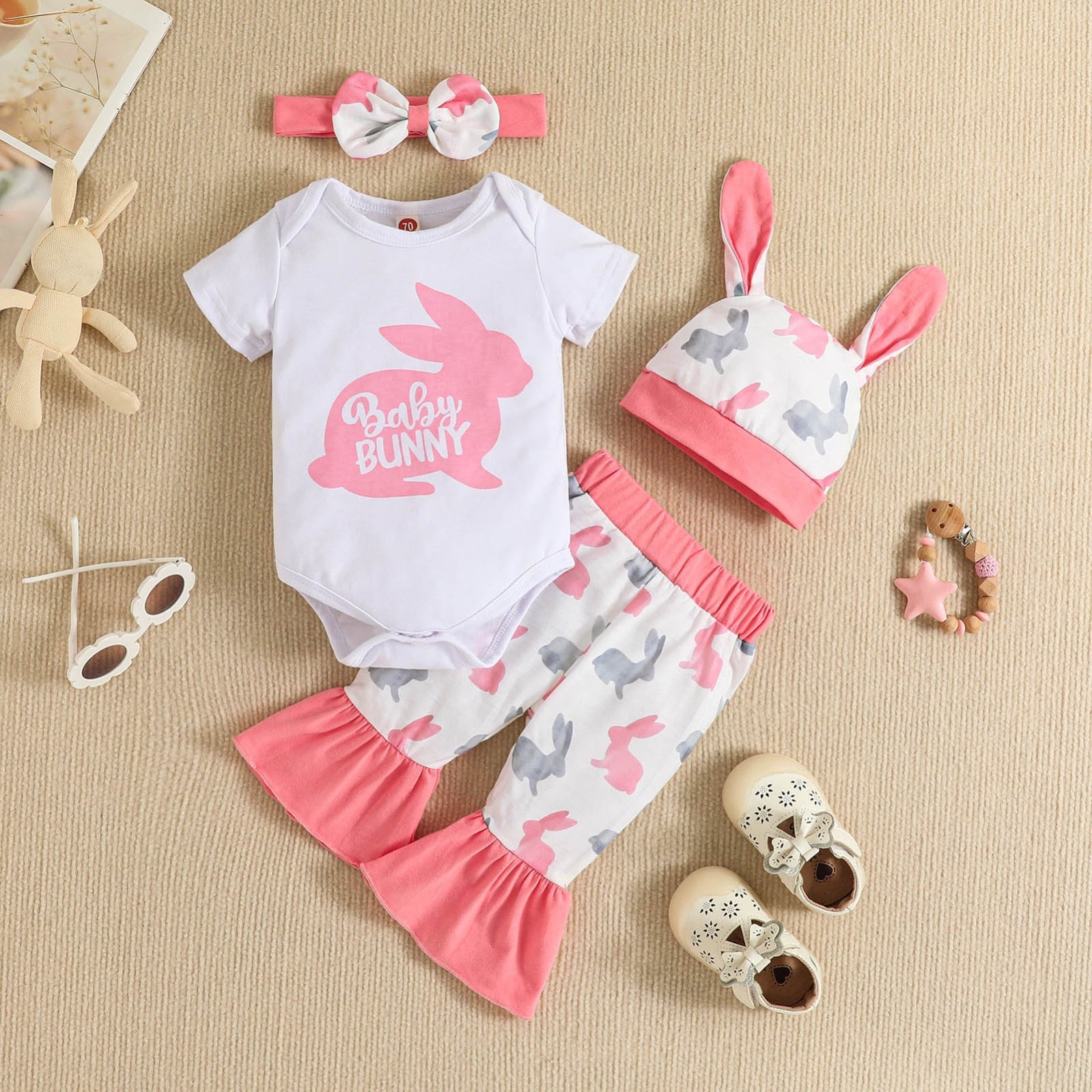 4Pcs Newborn Infant Baby Girls Cute Summer Clothes Sets with Rabbit Theme