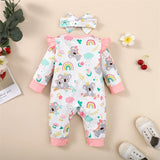 Infant Baby Girls Romper with Elephant Floral Print and Long Fly Sleeves