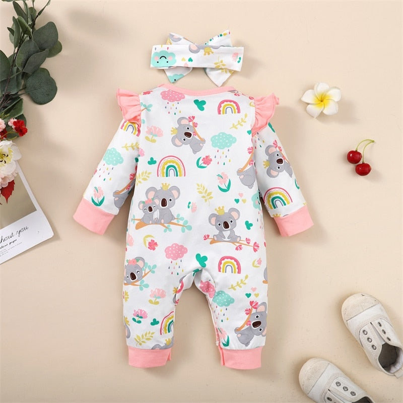 Infant Baby Girls Romper with Elephant Floral Print and Long Fly Sleeves