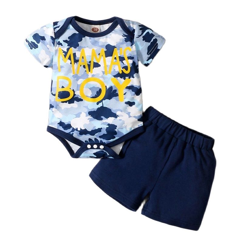 Newborn Baby Boy 2PCS Clothes Set Letter Print Blue Camouflage Short Sleeve Romper + Shorts
