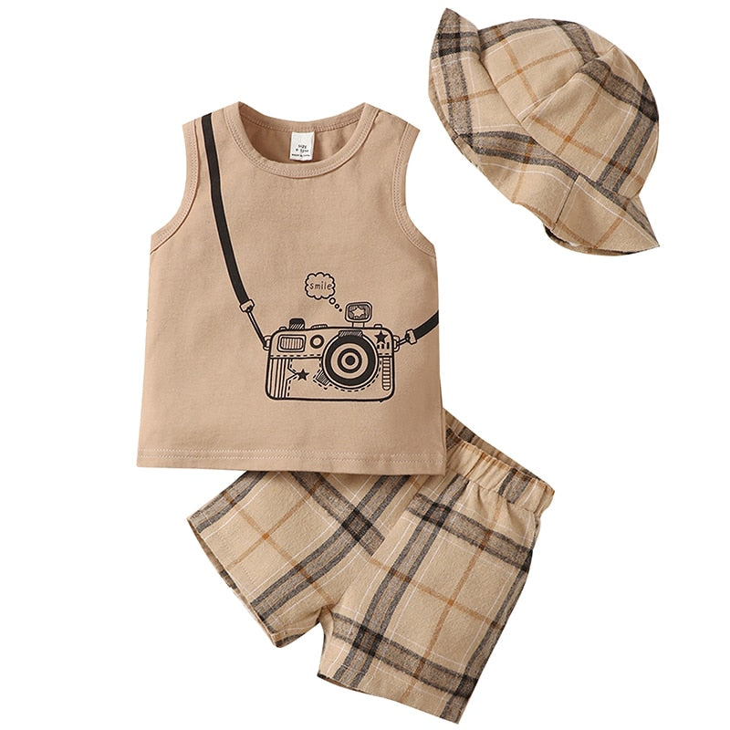 Baby Boys Camera Print Tank Top Plaid Shorts Summer Outfit