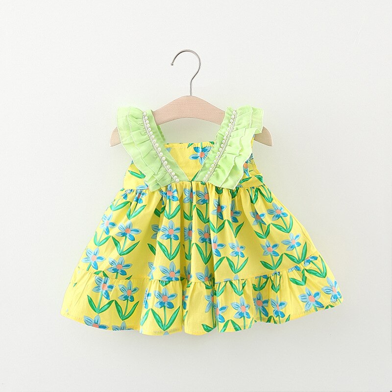 Korean Style Flower Baby Girl Dresses with Double Sloping Shoulders and Pearl Details