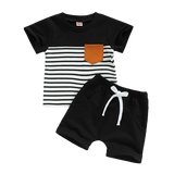 Summer Casual Toddler Boy Outfits: Short Sleeve Stripe Print T-Shirt + Elastic Waist Shorts 2pcs Clothes Set