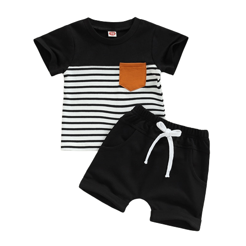 Summer Casual Toddler Boy Outfits: Short Sleeve Stripe Print T-Shirt + Elastic Waist Shorts 2pcs Clothes Set