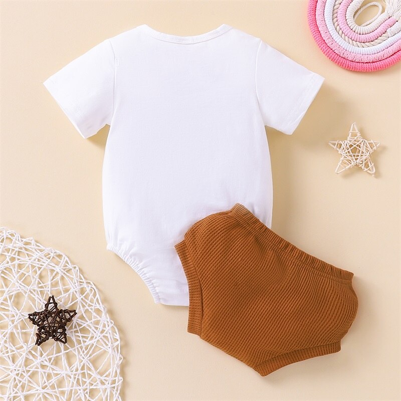 Adorable Newborn Baby Shorts Set for Girls - Short Sleeve Letter Printed Romper and Elastic Solid Color Shorts - 2pcs Outfits