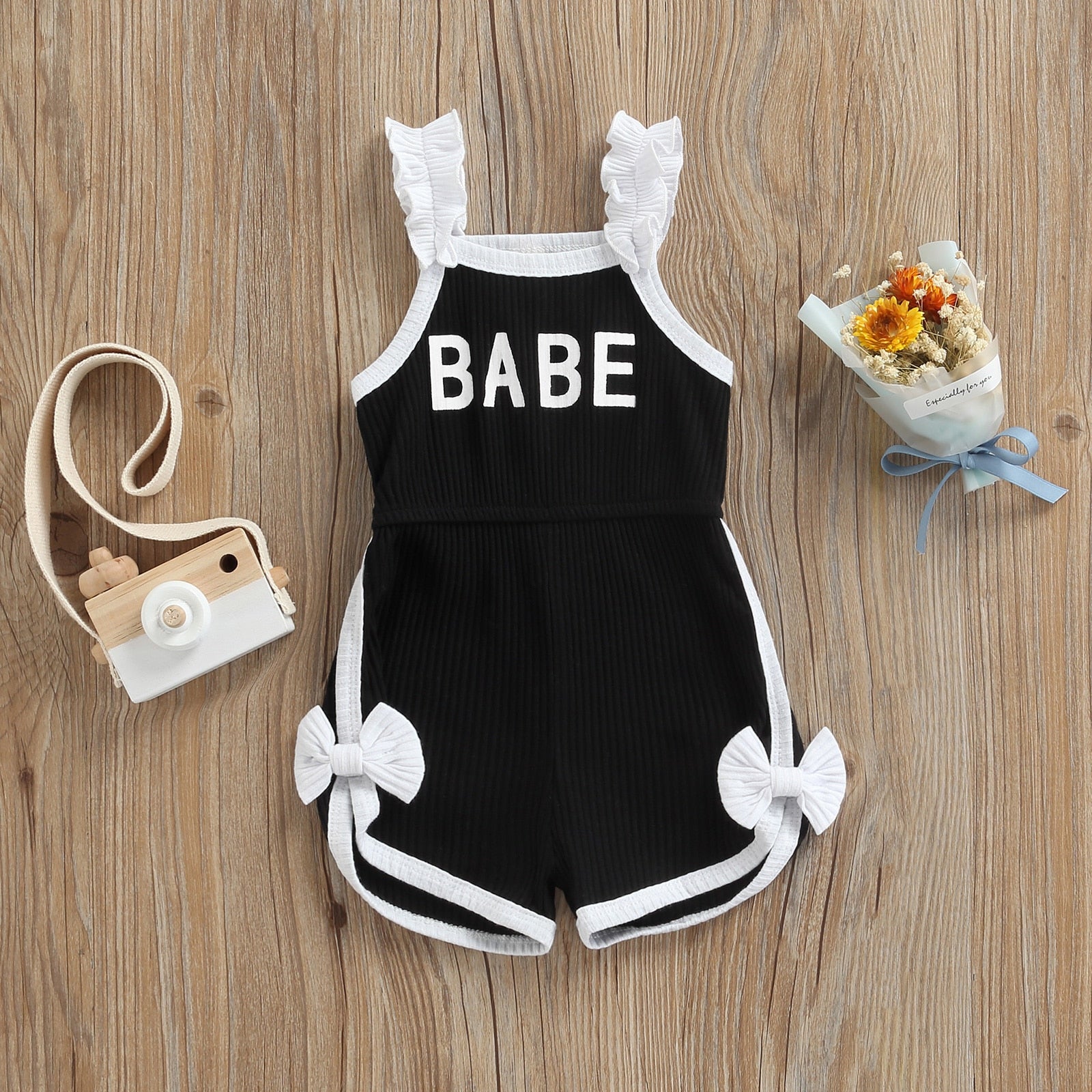 BABE Letter Ruffles Strap Sleeveless High Waist Rompers for Infant Girls