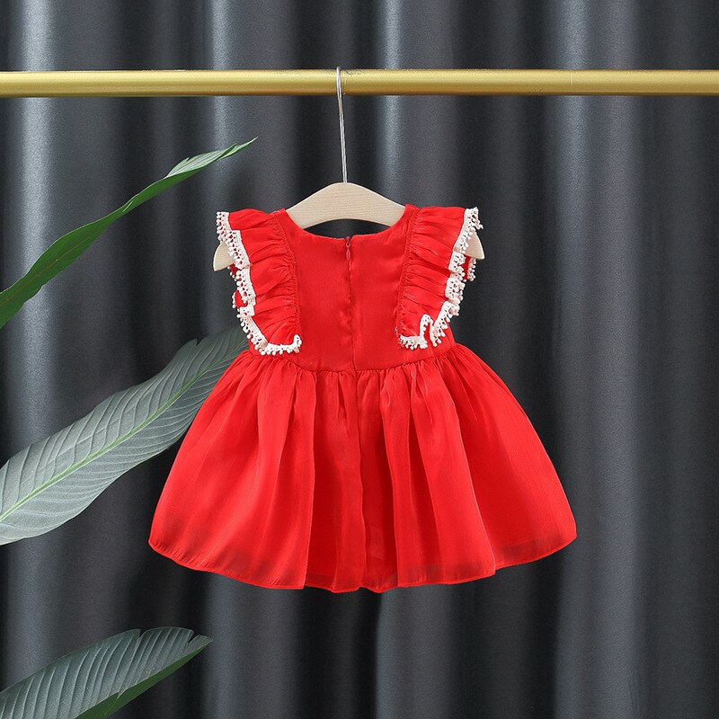 Sweet Red Mesh Puffed Baby Girl Evening Dress for Birthday Party