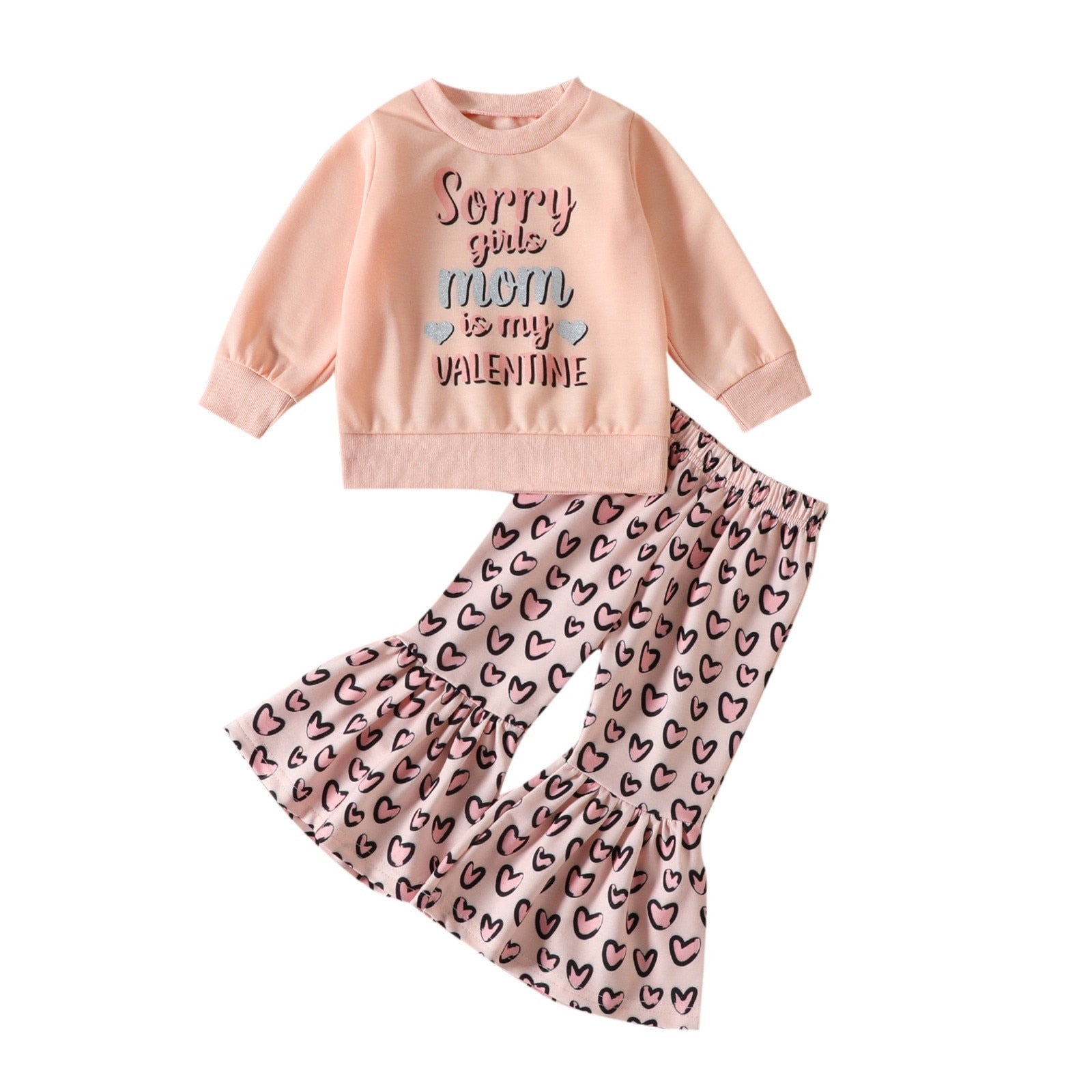 Valentine's Day Kids Girls 2pcs Clothes Sets Love Letter Long Sleeve Tops Bell Bottom Pants Sets Clothes Children Outfits