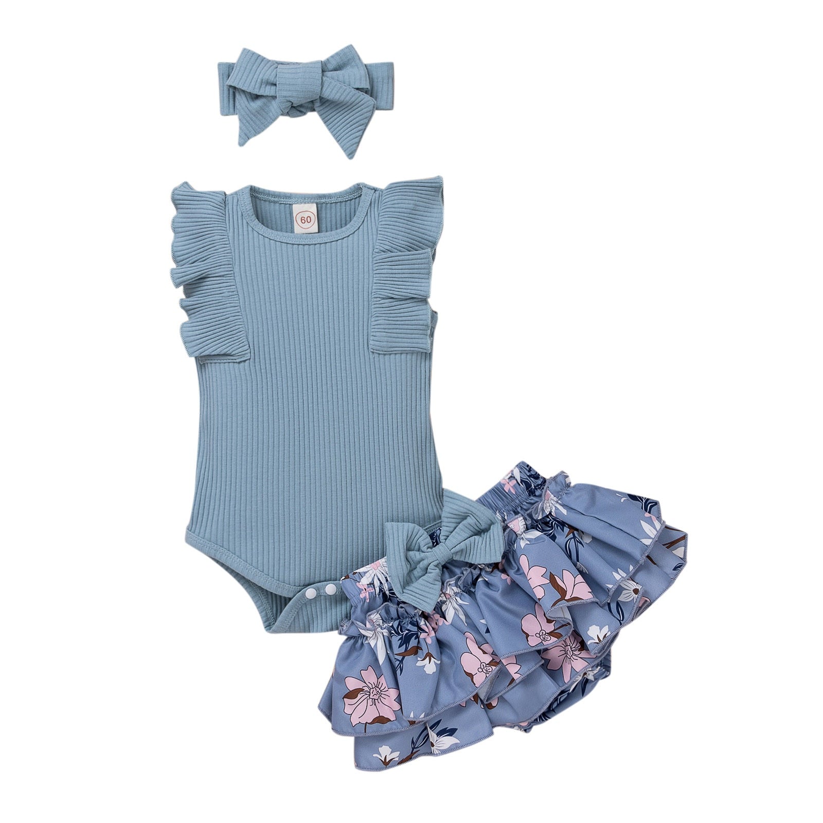 Newborn Girls 3-Piece Summer Outfit - Sleeveless Ribbed Romper, Floral Print Shorts, and Headband Set