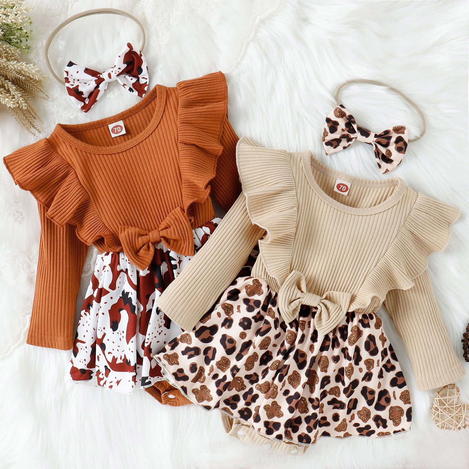 Stylish Infant Girls Long Sleeve Bodysuits with Leopard Prints and Ruffles