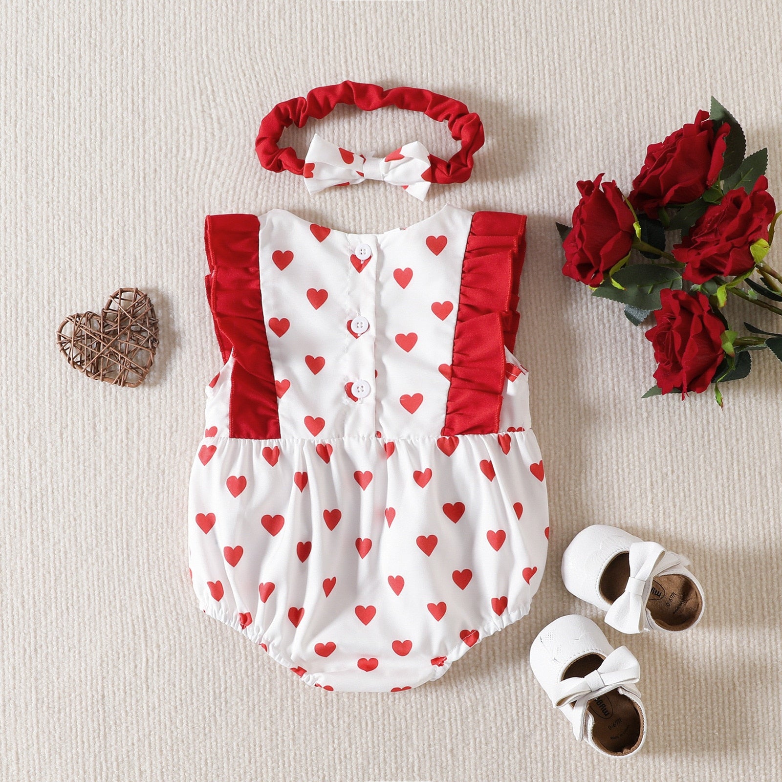 Love Print Baby Girl Romper Set - Sleeveless Bowknot Romper with Headband for Newborns