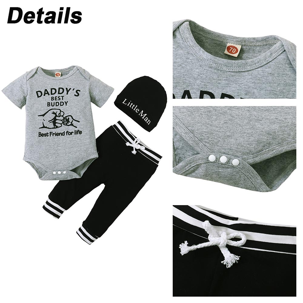 3pcs Cotton Short Sleeved Rompers Shirts + Pants + Hat Suit for Baby Boy Kid Clothes