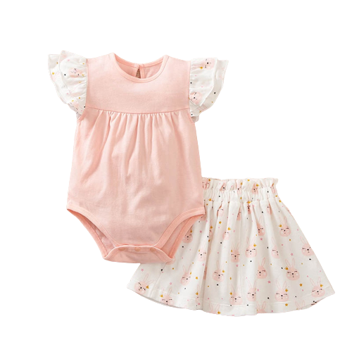 Adorable Newborn Set - Flying Sleeve Bodysuit and Rabbit Printed Skirt