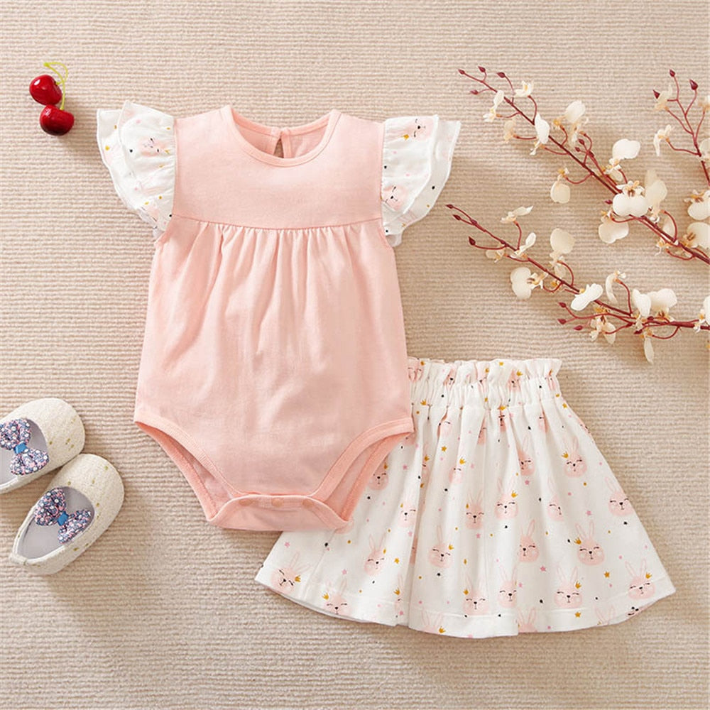 Adorable Newborn Set - Flying Sleeve Bodysuit and Rabbit Printed Skirt