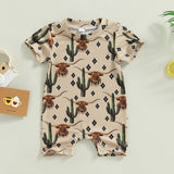 Unisex Baby Western Longhorn and Cactus Print Short Sleeve Romper - Babbez