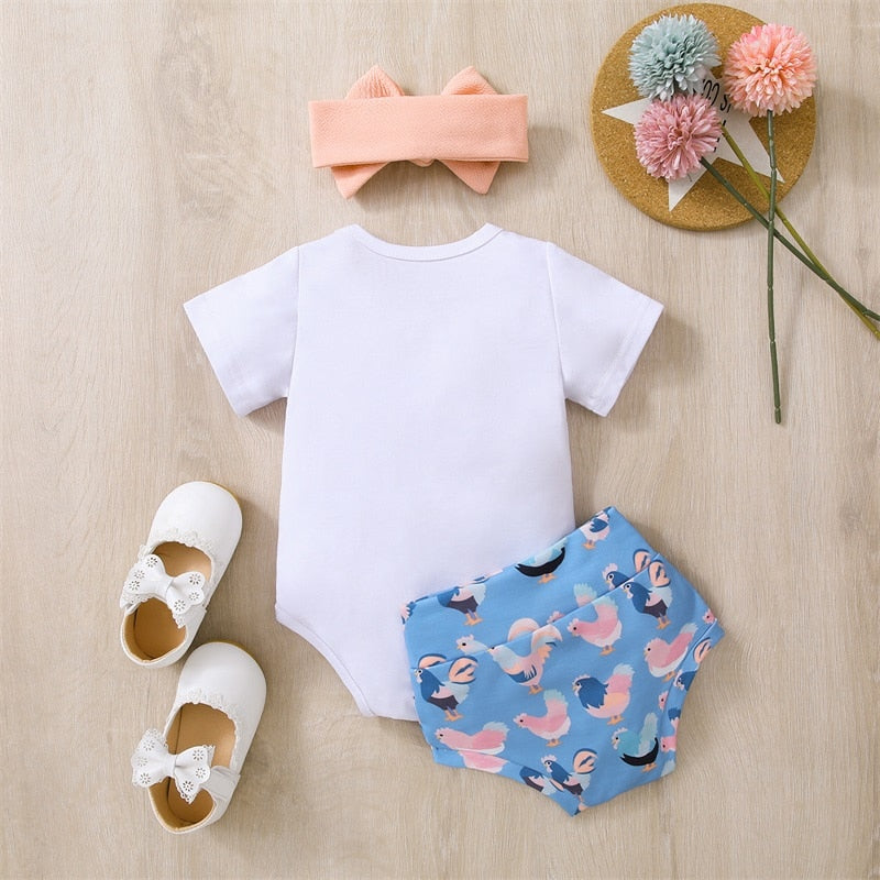 Infant Baby Girls 3Pcs Summer Outfit Sets White Short Sleeve Letter Print Romper Hen Print Shorts