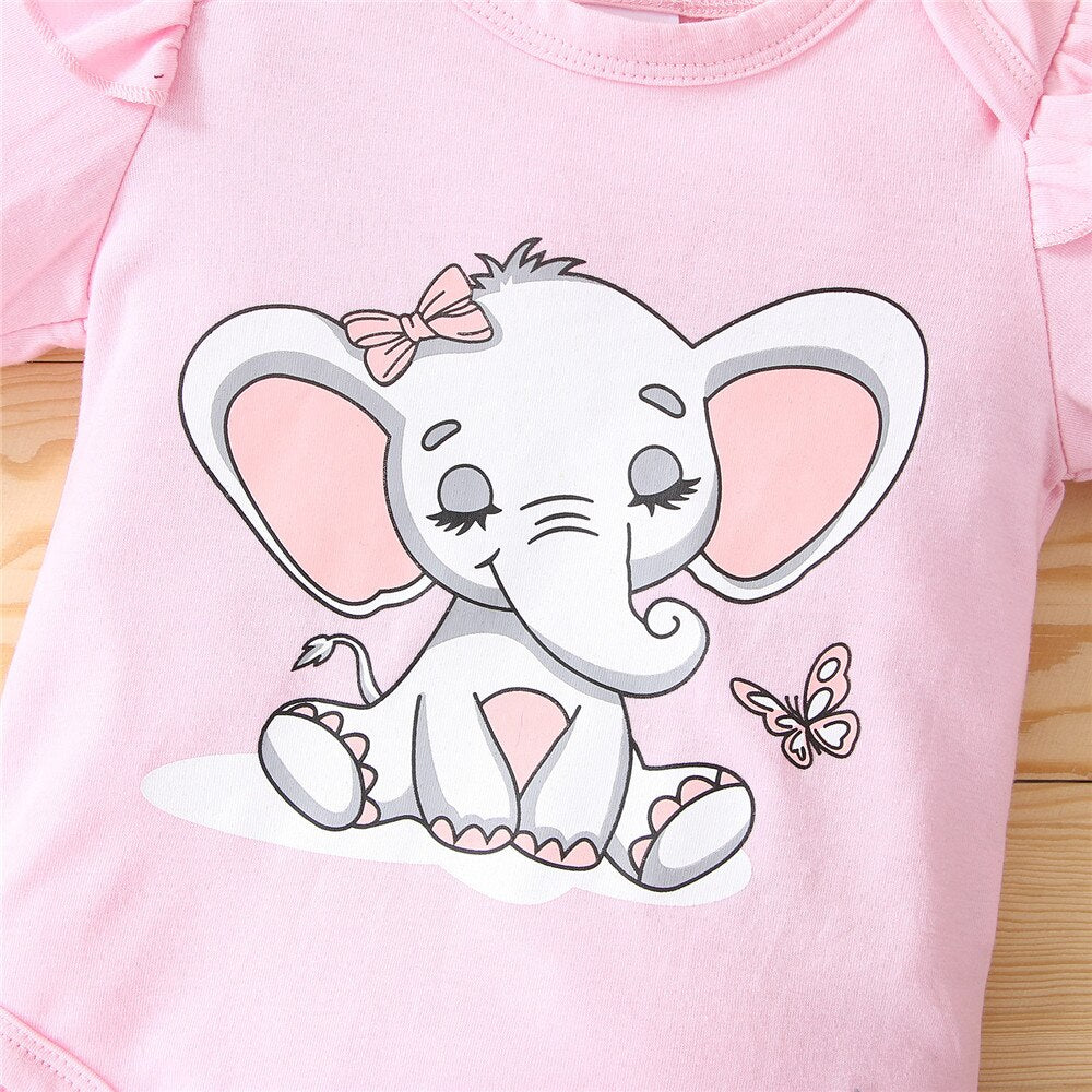 Cute Spring Girls Baby Clothes Set with Elephant Bodysuit and Striped Dress