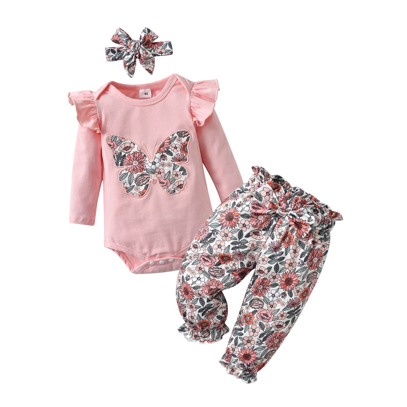 Adorable Newborn Baby Girl Clothes Set with Butterfly Embroidery Bodysuit and Flower Pants