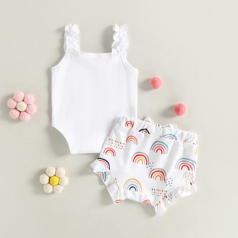 Fashionable Newborn Baby Girls Summer Clothes Sets with Rainbow Letter Print Bodysuits and Bowknot Shorts