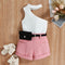 Baby Stylish 0-4Y Little Girl Three-piece Outfits Sets with One Shoulder Tops and Belts - Babbez