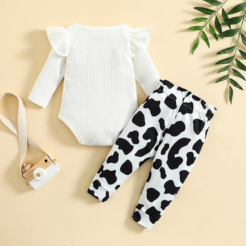 Adorable Cow Printed Baby Girl Romper Set with Ruffle Sleeves and Bowknot Pants