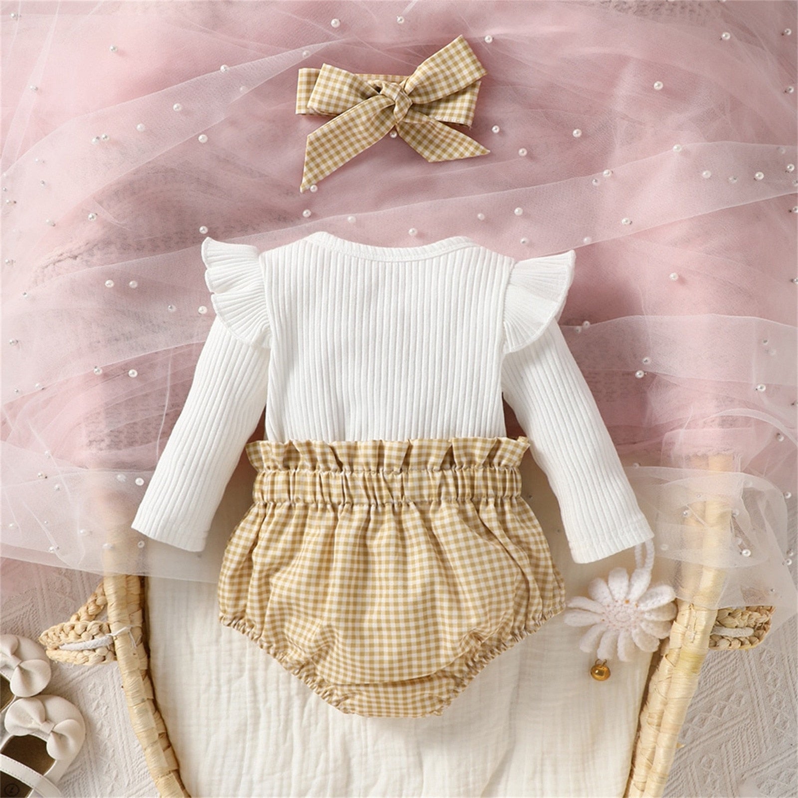 Newborn Infant Baby Girls Clothes Sets: Spring Long Sleeve Soild Tops+Plaid Shorts+Hairband