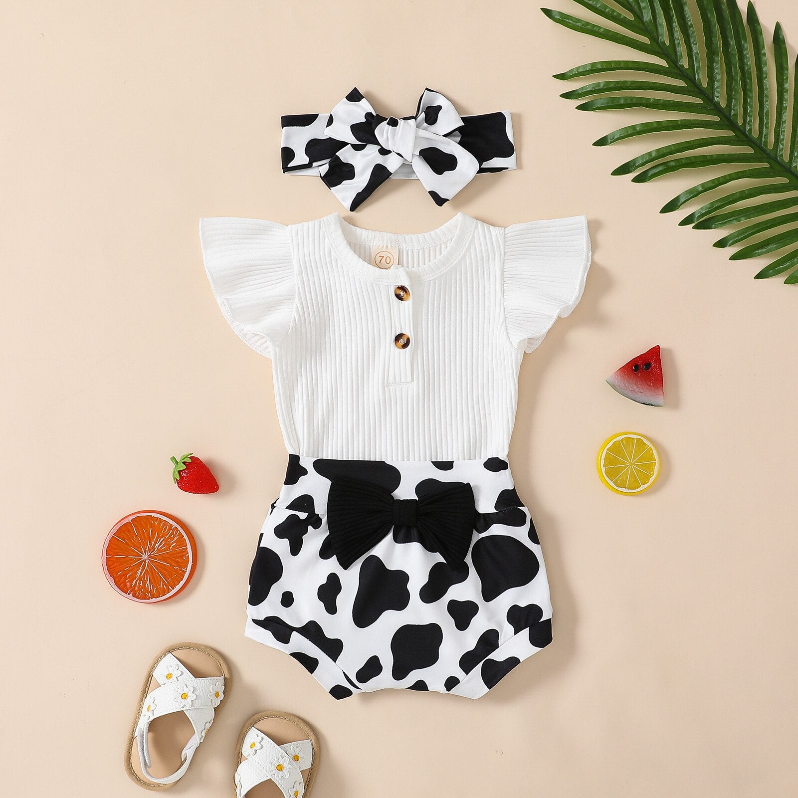 Adorable Summer Baby Girls Clothing Sets with Ribbed Knitted Ruffles Button Bodysuits and Cow Print Shorts