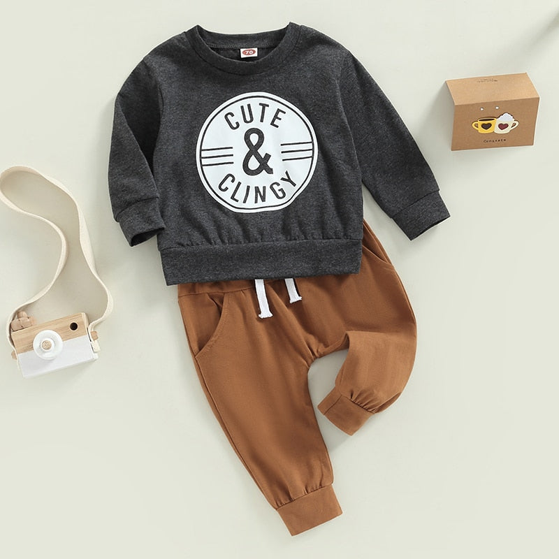 Toddler Boy Clothes Sets Spring Outfit Letter Symbol Print Long Sleeve Crew Neck Sweatshirt + Elastic Waist Solid Color Trousers - Babbez