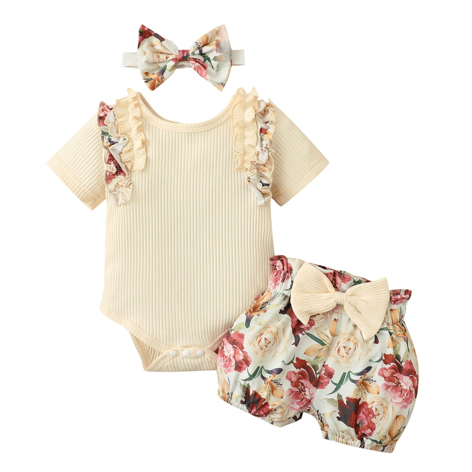 Adorable Summer Style: Newborn Baby Girl Clothes Set with Ruffle Romper, Floral Shorts and Headband