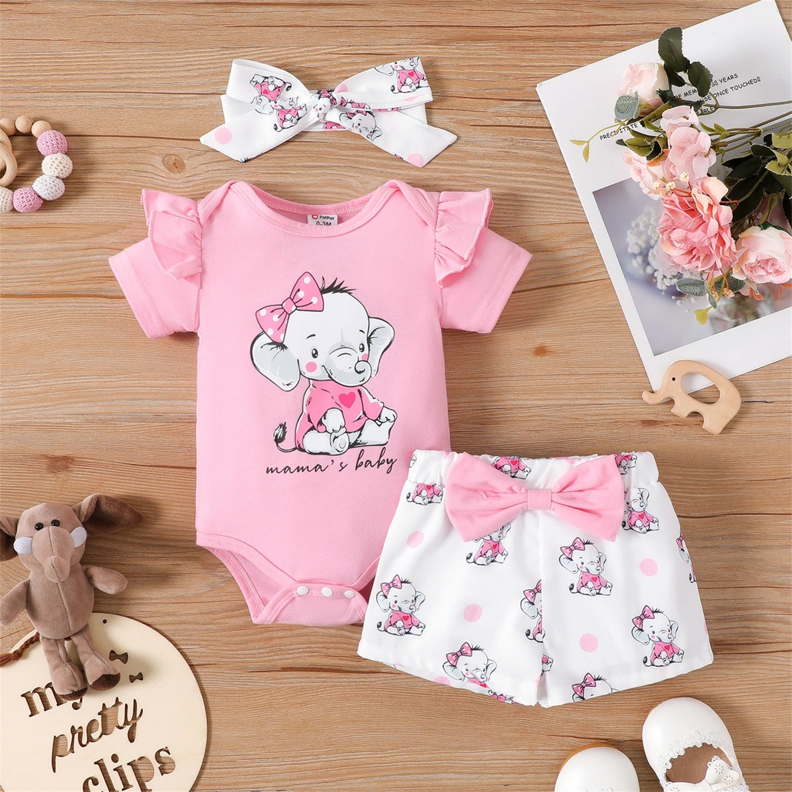 Adorable Elephant Print Newborn Baby Girl's Summer Clothes Set