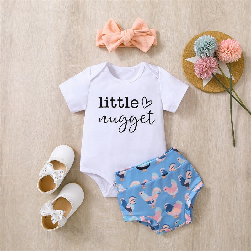 Infant Baby Girls 3Pcs Summer Outfit Sets White Short Sleeve Letter Print Romper Hen Print Shorts