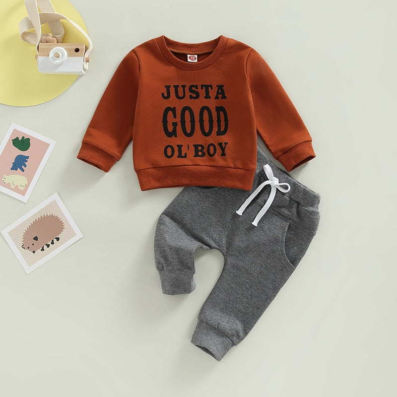 Toddler Baby Boys 2Pcs Outfits Long Sleeve Crew Neck Letter Print Sweatshirt Pullover Tops and Elastic Waist Pocket Pants Set - Babbez