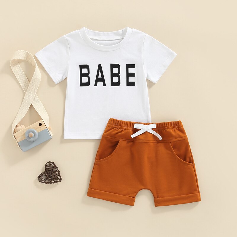 Unisex Newborn Infant Baby Clothes Sets Boys Girls Short Sleeve Letter Print T-Shirts Knot Front Shorts 2pcs Casual Suits