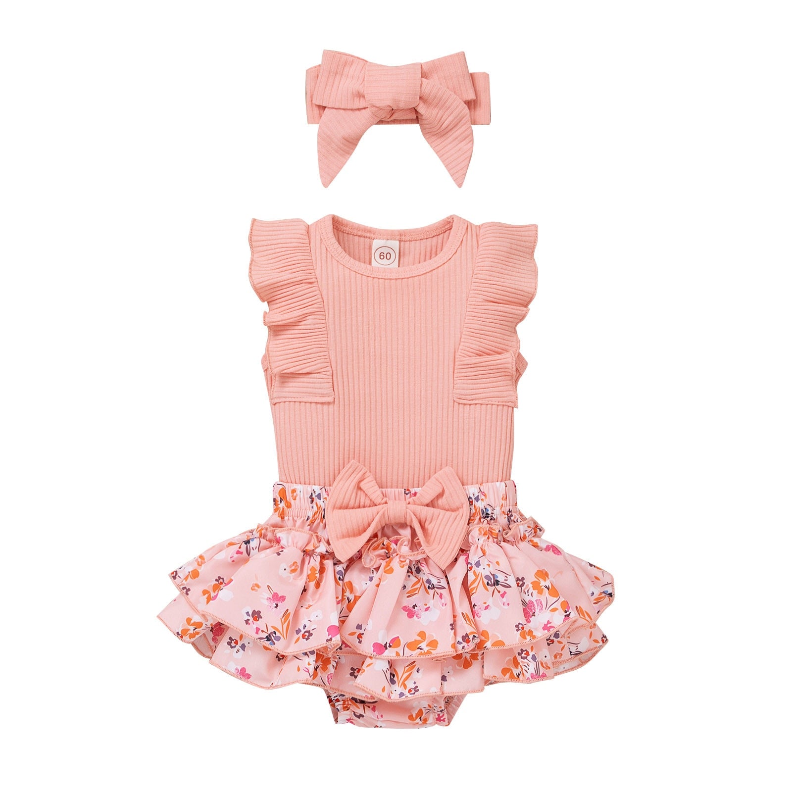 Newborn Girls 3-Piece Summer Outfit - Sleeveless Ribbed Romper, Floral Print Shorts, and Headband Set