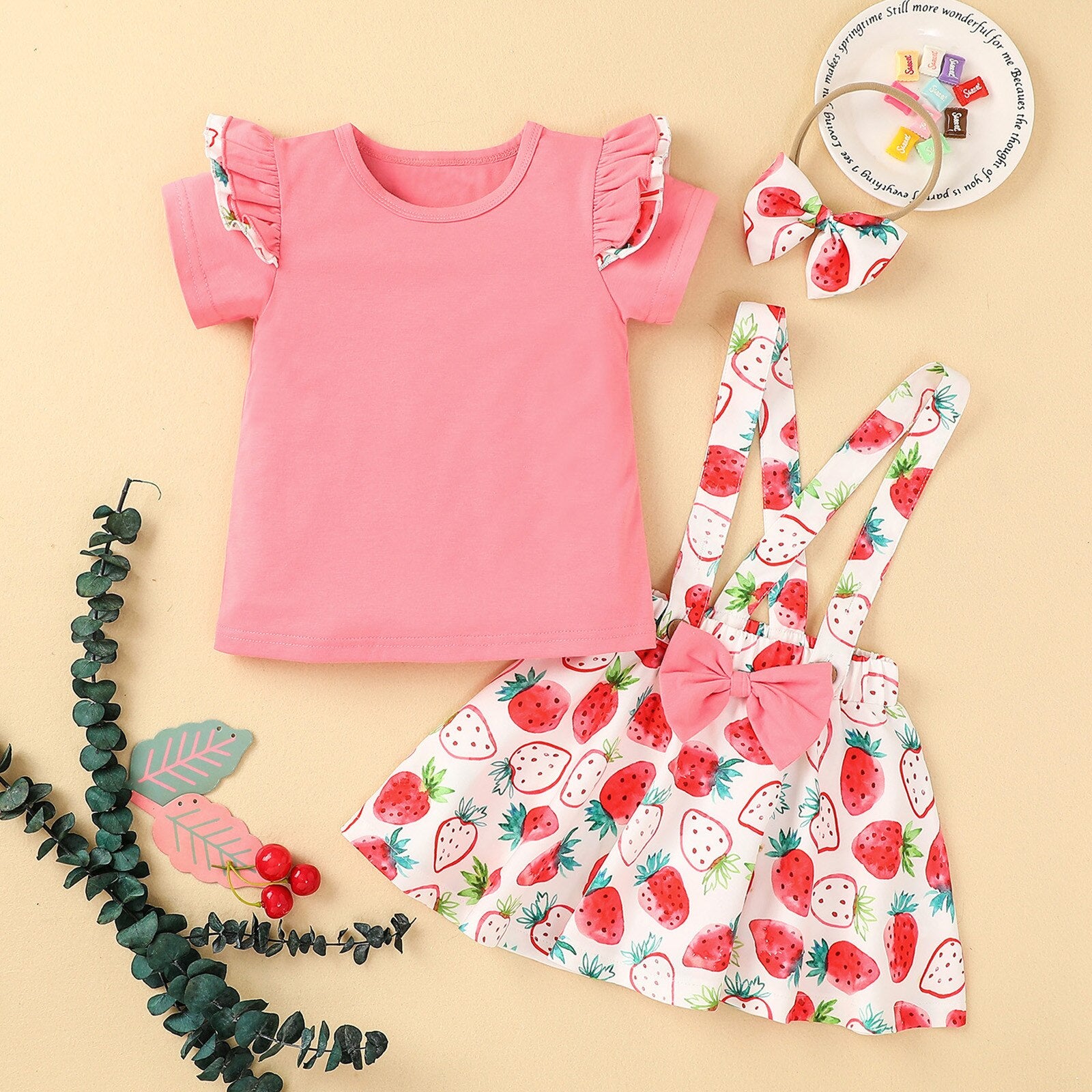 Adorable Summer Outfit for Toddler Baby Girls - Ruffle Sleeve Tops, Suspender Skirts, and Headband Sets