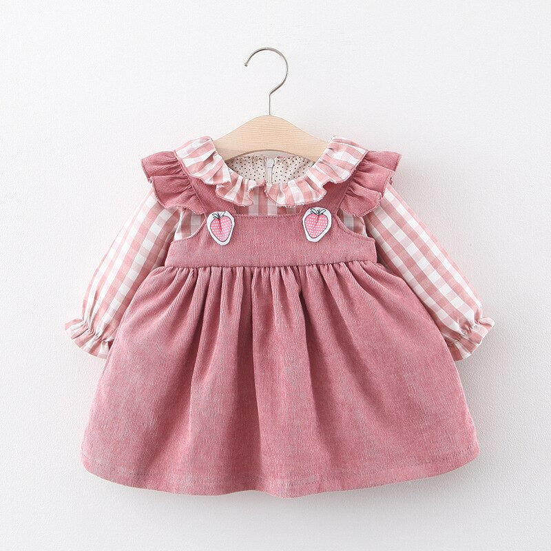 Adorable Autumn Baby Girl Strawberry Plaid Dress for 0-3 Year Old