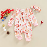 Baby Girls Christmas Romper 2pcs Long Sleeve Gingerbread Man/Santa Claus Print Zipped Jumpsuits Hairband