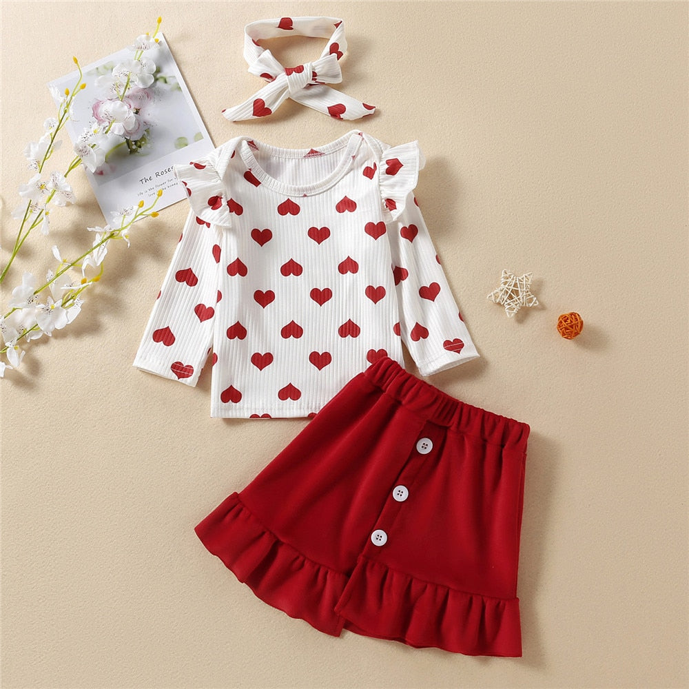 Girls Valentine's Day Costume Set Heart Print Top+Bell Bottoms