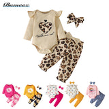 Bumeex Fashion Newborn Toddler Baby Girl Clothing Set Leopard Print Long Sleeve Top Jumpsuit Bow Trousers Headband 3 Piece Set