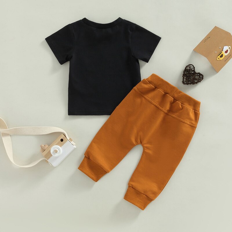 Trendy Summer Toddler Baby Boys Clothes Set - Cow Letter Print T-shirt with Drawstring Pocket Long Pants