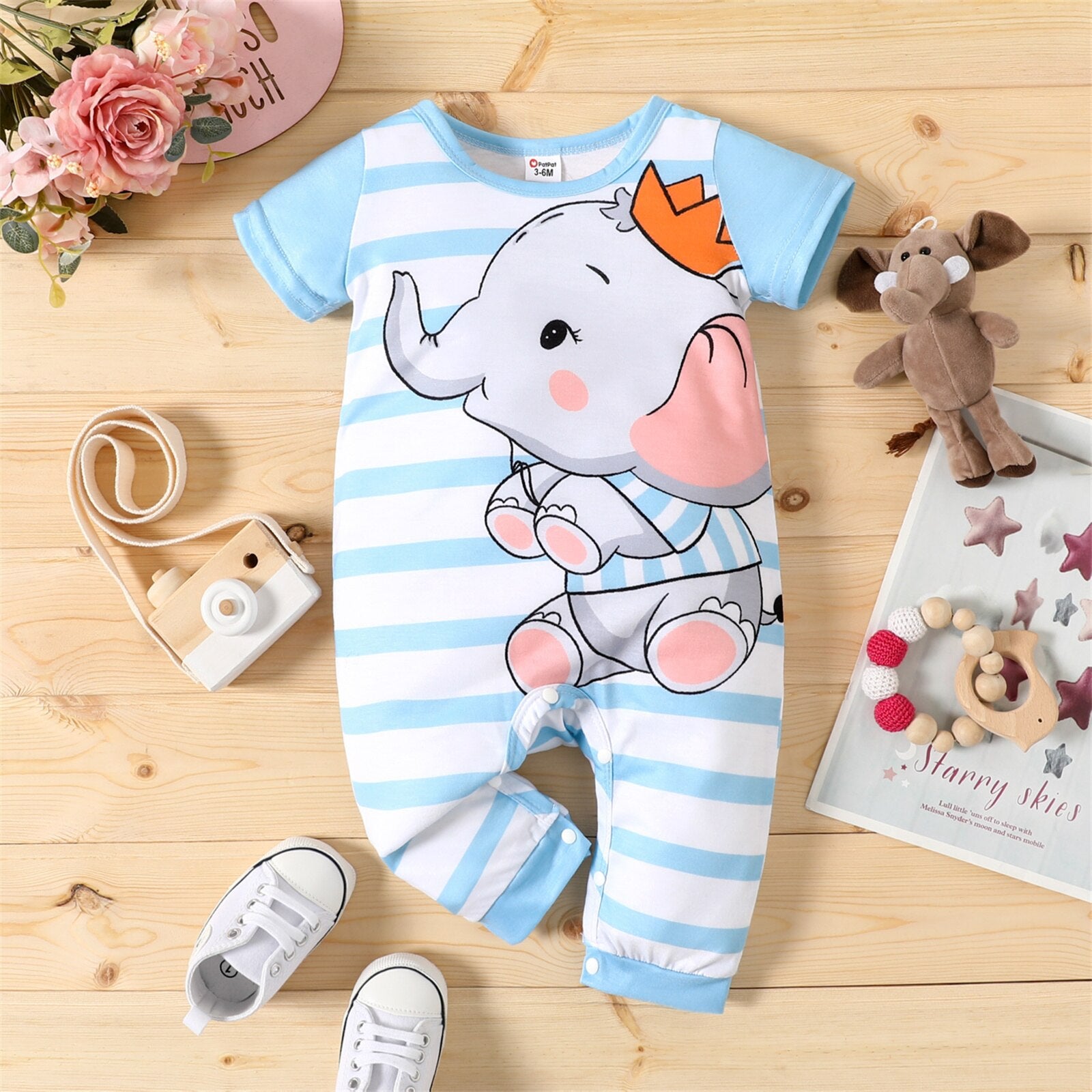 Baby Boy Cartoon Elephant Print Short-sleeve Jumpsuit