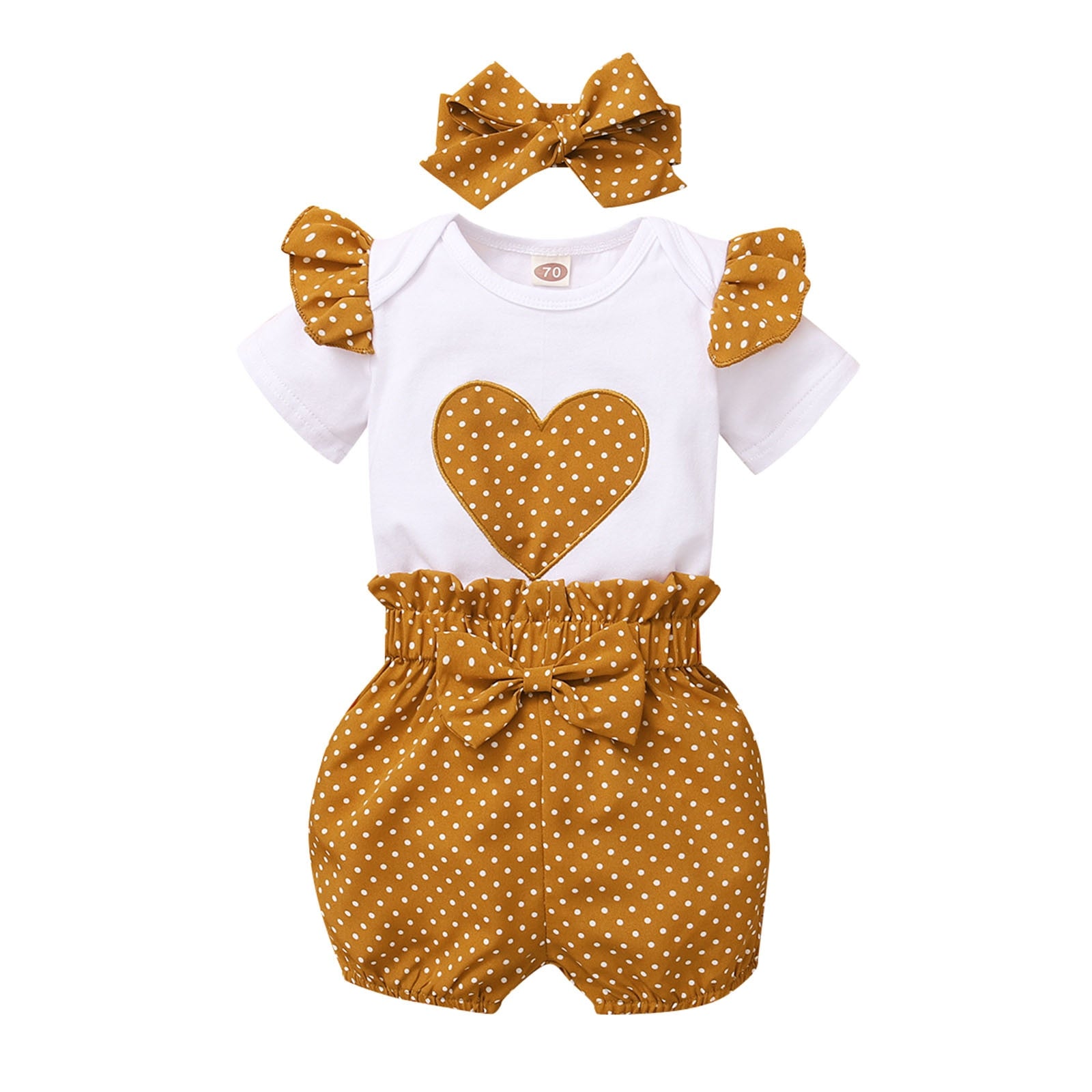 Stylish 3PCS Sets for Newborn Baby Girls - Short Ruffled Sleeve Patchwork Romper Tops Polka Dot Shorts Outfits With Headbands for Summer