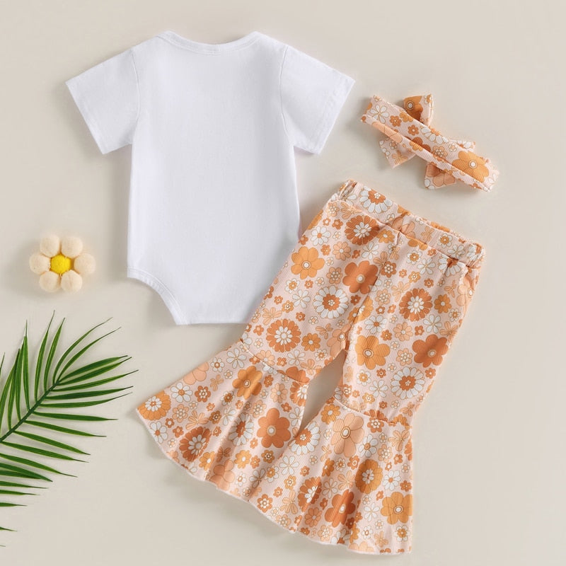 Summer Newborn Baby Girls Clothes Sets with Letter Print Rompers and Floral Flare Pants