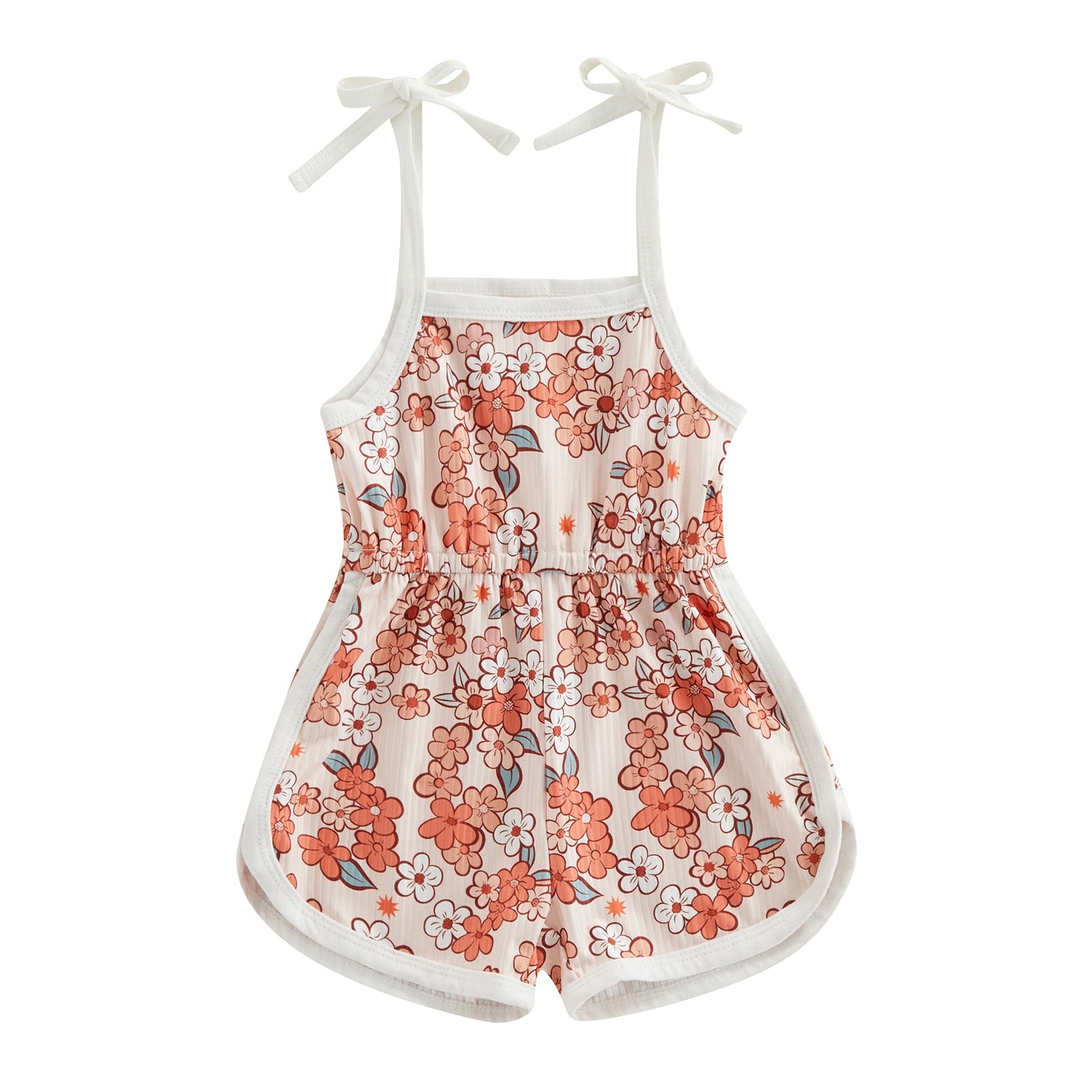 Toddler Kids Girl Summer Jumpsuit Cartoon Flower Print Sleeveless Sling Tie-Up Romper Shorts