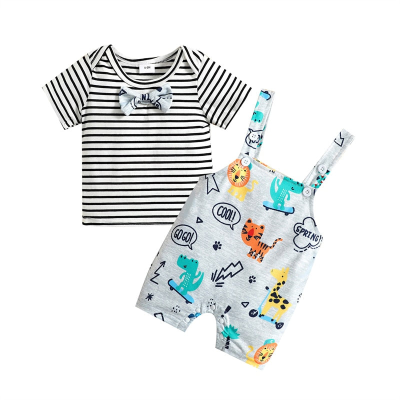 Adorable Newborn Baby Casual Suit with Stripe Printed Tops and Cartoon Animal Printed Suspender Pants for Summer