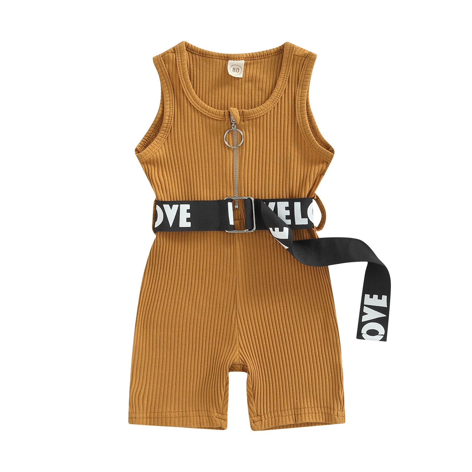 Fashion Kids Girl's Summer Jumpsuit 0-4Y Solid Sleeveless Zipper Ribbed Playsuit Shorts With Letter Printed Belt