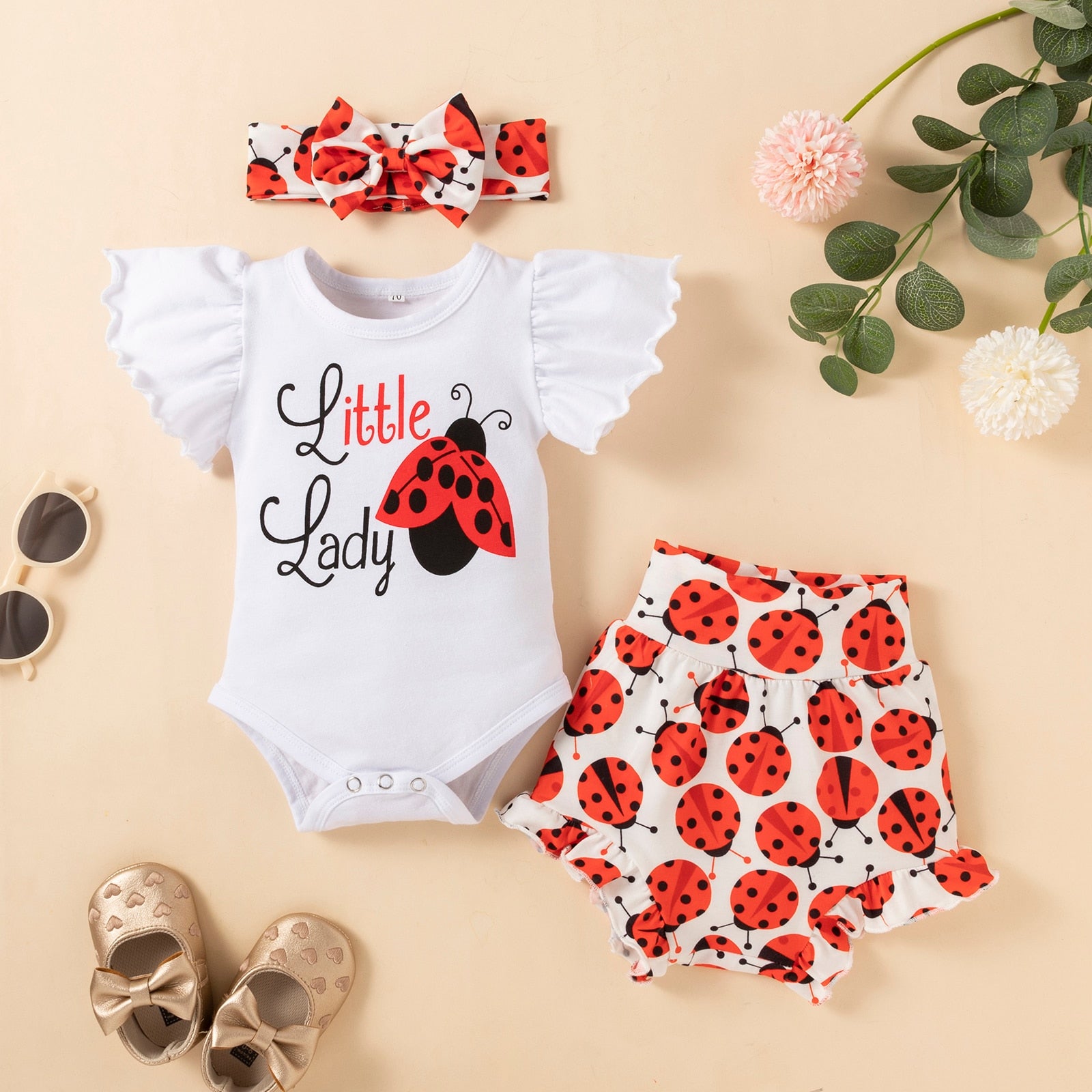 Adorable Summer Baby Girl Outfit Sets with Ruffles Sleeve Printed Bodysuit and Cartoon Lobster PP Pants